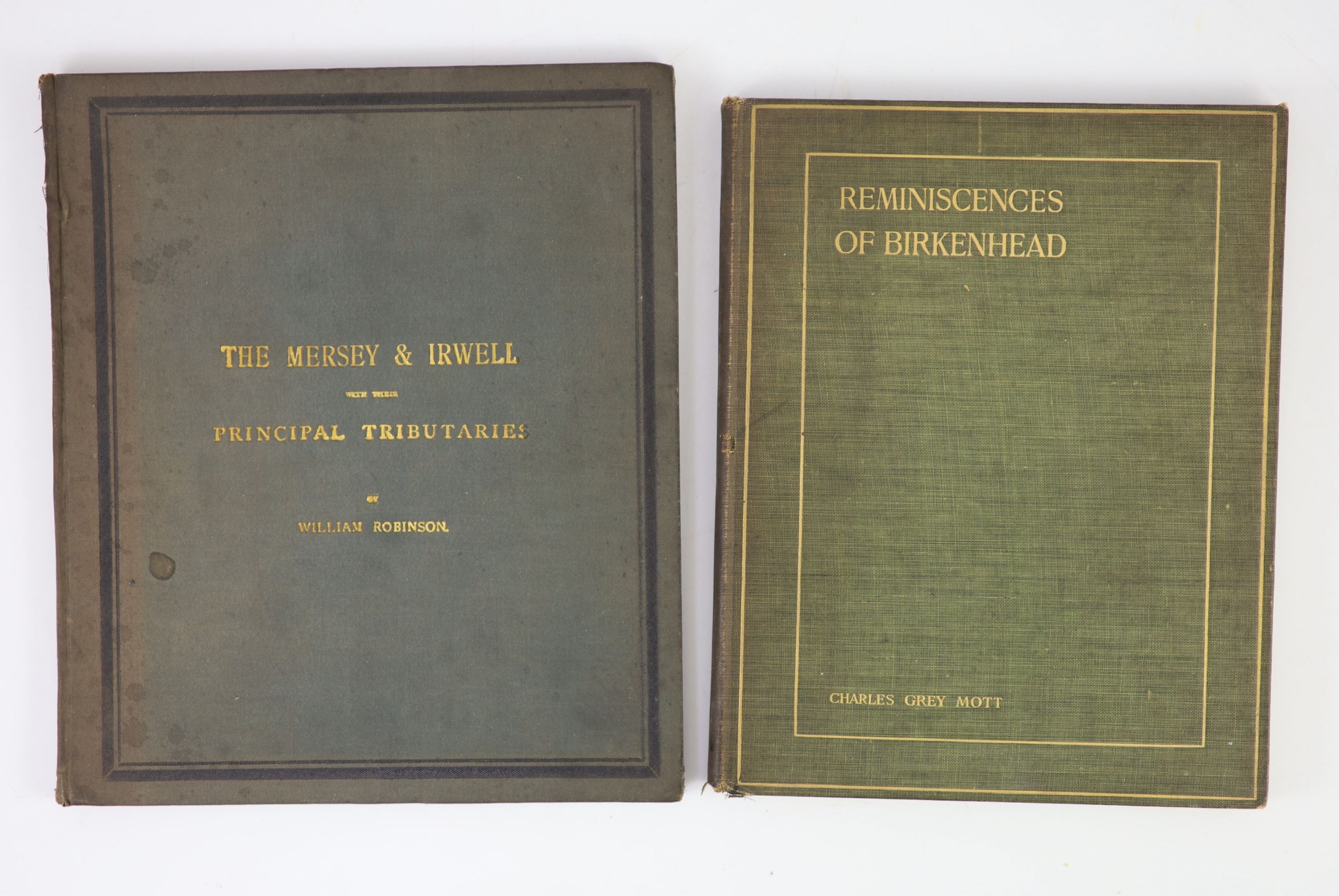 Robinson, William. The Mersey & Irwell with their Principal Tributaries. Manchester, small quarto, 1888. Lithographic title page and 25 leaves containing 27 lithographic plates, followed by 20 pages of text. Original clo